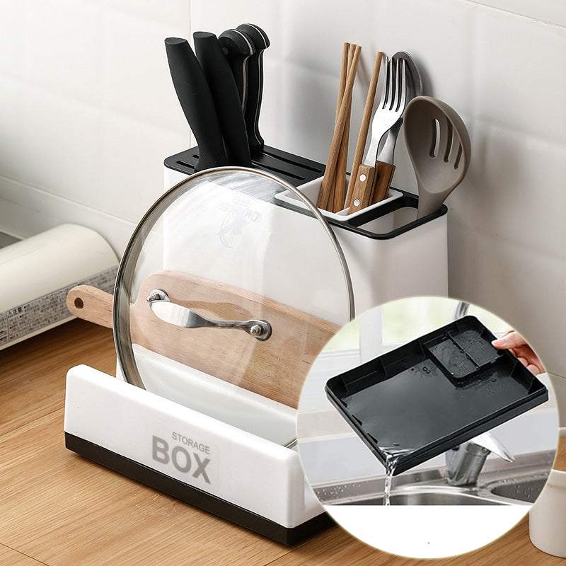 White plastic tableware storage holder with multiple compartments for kitchen organization