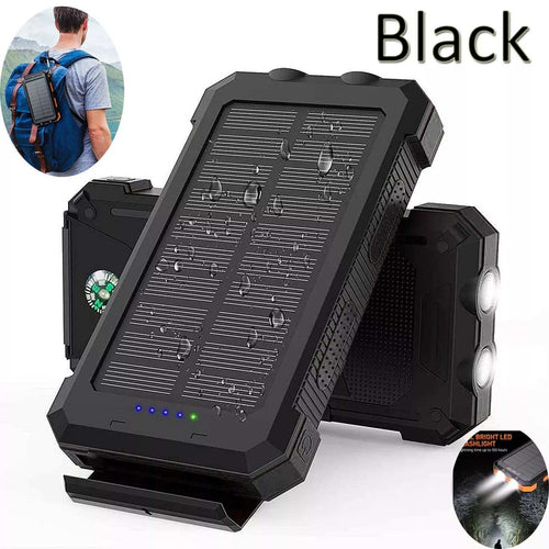 Compact 10,000,000mAh waterproof solar power bank with 2 USB ports and LED flashlight for mobile charging